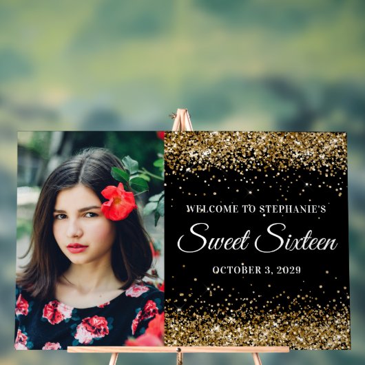 金ゴールドグリッターブラックSweet sixteenウェルカムビッグ アクリルサイン (ニュートラル)