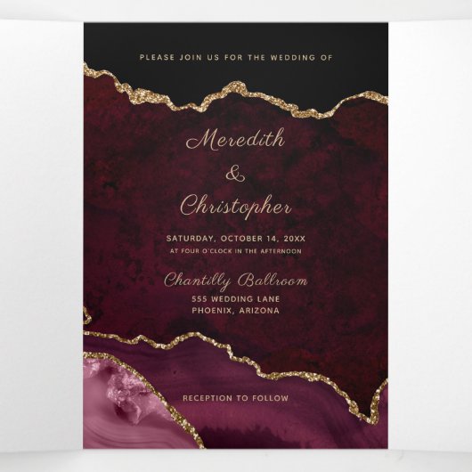 金ゴールドグリッターブルガンディアゲテ結婚ゲード 三つ折り招待状 (内部中)