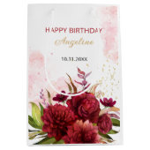 金ゴールドグリッターブルガンディダリアバラフローラ誕生日 ミディアムペーパーバッグ (正面)