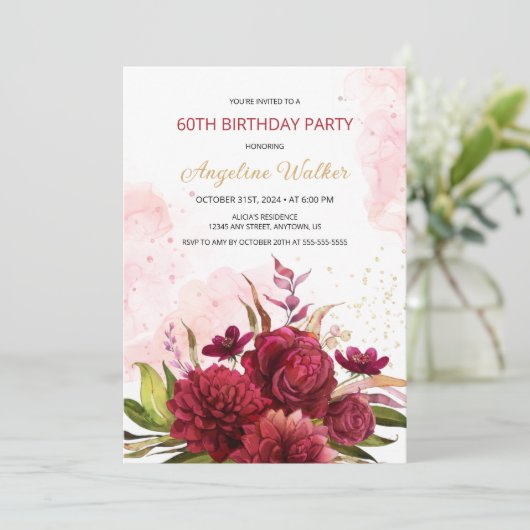 金ゴールドグリッターブルガンディダリアバラフローラ誕生日 招待状 (スタンド正面)