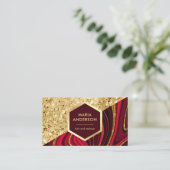 金ゴールドグリッターブルゴーニュ赤大理石メイクアップアーティスト 名刺 (スタンド正面)