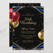 金ゴールドグリッターブルーアゲート女性50誕生日 招待状 (正面/裏面)