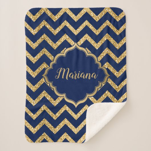 金ゴールドグリッターブルーシェブロンジグザグパターン シェルパブランケット (正面)