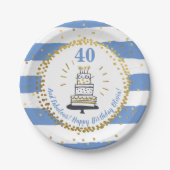 金ゴールドグリッターブルーストライプハッピーバースデーAny Age ペーパープレート (正面)