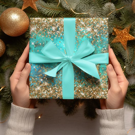 金ゴールドグリッターブルーターコイズジェムストーンファイアグラム ラッピングペーパーシート