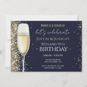 金ゴールドグリッターブルーダブルシャンパンバースデーパーティー 招待状 (正面)