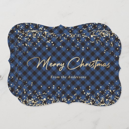 金ゴールドグリッターブルーバッファロープレイドクリスマスカード シーズンカード (正面/裏面)