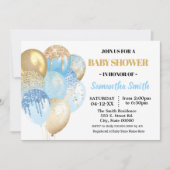 金ゴールドグリッターブルーバルーンボーイシャワー 招待状 (正面)