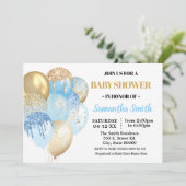 金ゴールドグリッターブルーバルーンボーイシャワー 招待状 (スタンド正面)