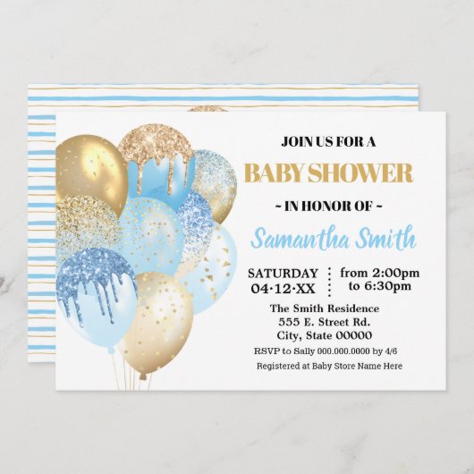 金ゴールドグリッターブルーバルーンボーイシャワー 招待状 (正面/裏面)
