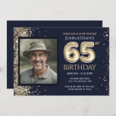 金ゴールドグリッターブルーフォト65thバースデーパーティー 招待状 (正面/裏面)