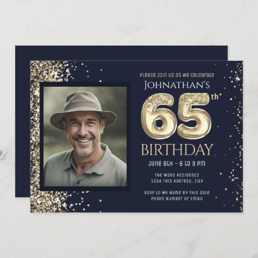 金ゴールドグリッターブルーフォト65thバースデーパーティー 招待状 (正面/裏面)