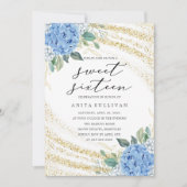 金ゴールドグリッターブルーフローラSweet sixteen16誕生日 招待状 (正面)