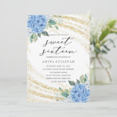 金ゴールドグリッターブルーフローラSweet sixteen16誕生日 招待状 (スタンド正面)