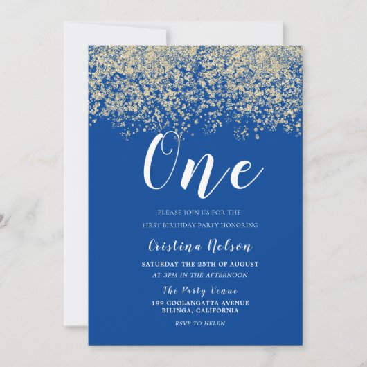 金ゴールドグリッターブルーボーイズ1st誕生日パーティー 招待状 (正面)