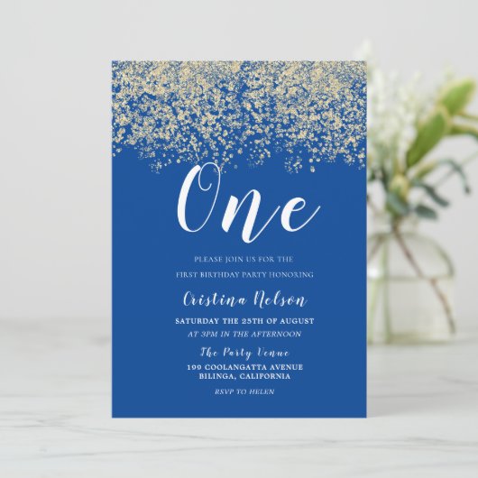 金ゴールドグリッターブルーボーイズ1st誕生日パーティー 招待状 (スタンド正面)