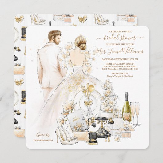 金ゴールドグリッターブロンデブライドブライダルシャワー 招待状 (正面/裏面)