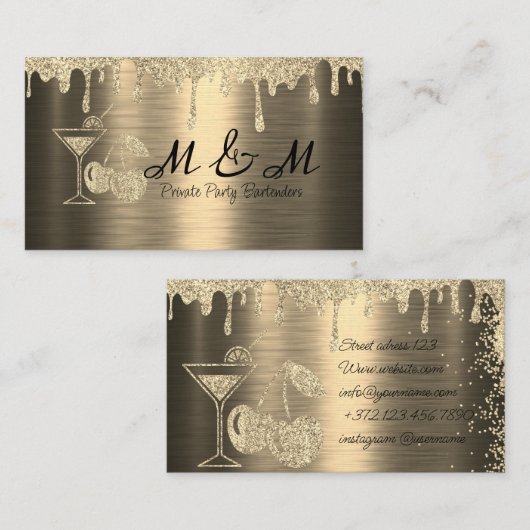 金ゴールドグリッタープライベートパーティーバーテンダー 名刺 (正面/裏面)