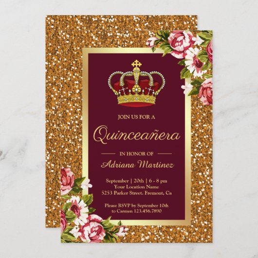 金ゴールドグリッタープリンセスブルゴーニュフローラキンセアニェラ 招待状 (正面/裏面)