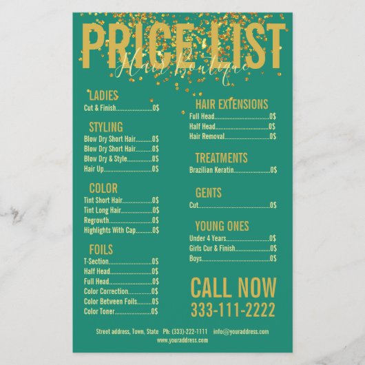 金ゴールドグリッターヘアカットスタイリストグリーン価格表 チラシ (正面)