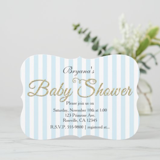 金ゴールドグリッターベビーシャワーブルーストライプの招待状 招待状 (スタンド正面)