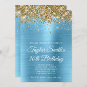 金ゴールドグリッターベビーブルーグラム30歳の誕生日 招待状 (正面/裏面)