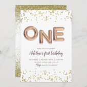 金ゴールドグリッターホイルバルーン1stバースデーガール 招待状 (正面/裏面)