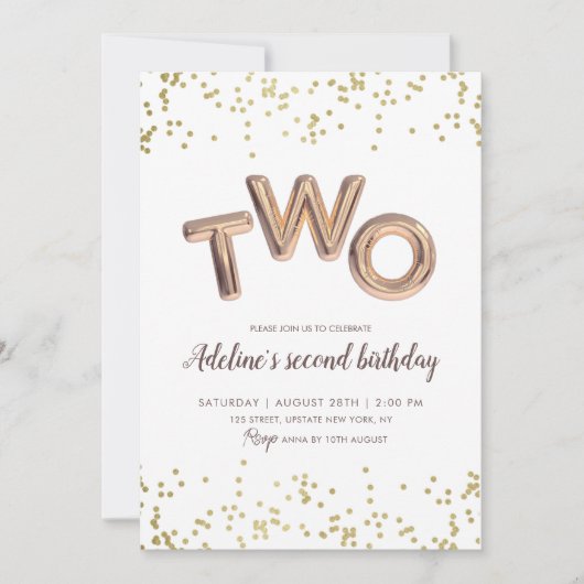 金ゴールドグリッターホイルバルーン2ndバースデーガール 招待状 (正面)