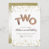 金ゴールドグリッターホイルバルーン2ndバースデーガール 招待状 (正面/裏面)