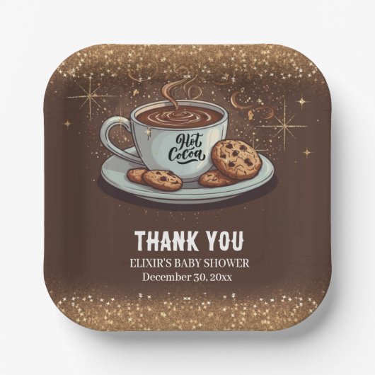 金ゴールドグリッターホットチョコレートウィンターベビーシャワー ペーパープレート (正面)