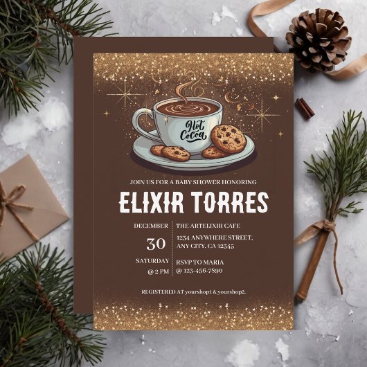 金ゴールドグリッターホットチョコレートウィンターベビーシャワー 招待状