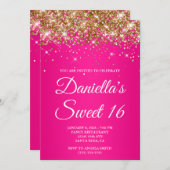金ゴールドグリッターホットピンクグラデーションスウィート16 招待状 (正面/裏面)