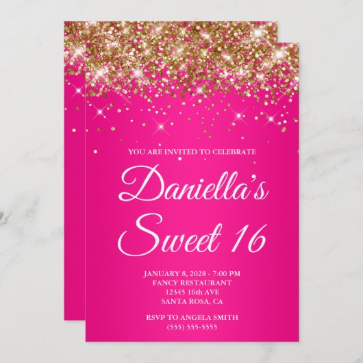 金ゴールドグリッターホットピンクグラデーションスウィート16 招待状 (正面/裏面)