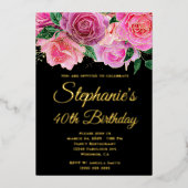 金ゴールドグリッターホットピンクバラブラック40歳の誕生日 箔招待状 (正面)