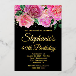 金ゴールドグリッターホットピンクバラブラック40歳の誕生日 箔招待状
