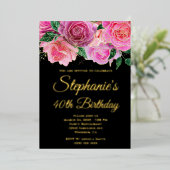 金ゴールドグリッターホットピンクバラブラック40歳の誕生日 箔招待状 (立ち正面)