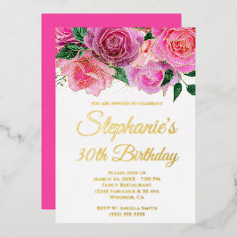 金ゴールドグリッターホットピンクバラGLAM 30th Birthday 箔招待状