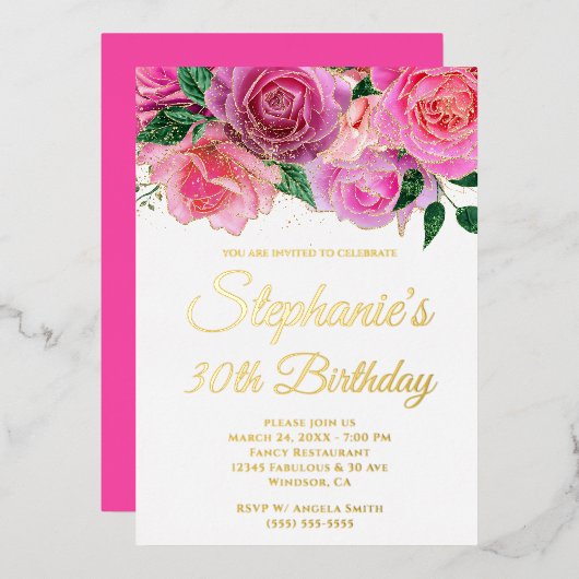 金ゴールドグリッターホットピンクバラGLAM 30th Birthday 箔招待状 (正面/裏面)