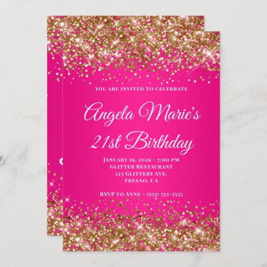 金ゴールドグリッターホットピンクファンシーモノグラム21歳の誕生日 招待状 (正面/裏面)