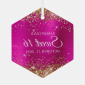 金ゴールドグリッターホットピンクフォイルスウィート16 ガラスオーナメント (裏面)