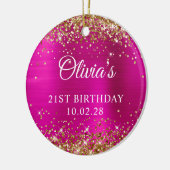 金ゴールドグリッターホットピンクフォイル21stバースデーフォト セラミックオーナメント (左)