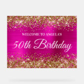 金ゴールドグリッターホットピンクフォイル50th誕生日へようこそ アクリルサイン (正面)