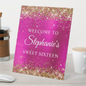金ゴールドグリッターホットピンクフォイルSweet sixteen歓迎 台座サイン (インサイチュ)