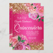 金ゴールドグリッターホットピンクフローラグラムキンセアニラ 招待状 (正面/裏面)