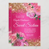 金ゴールドグリッターホットピンクフローラグラムSweet sixteen 招待状 (正面/裏面)
