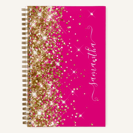金ゴールドグリッターホットピンクモダンシグナガーリークション ノートブック (正面)