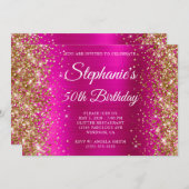金ゴールドグリッターホットピンクモノグラム50誕生日 招待状 (正面/裏面)