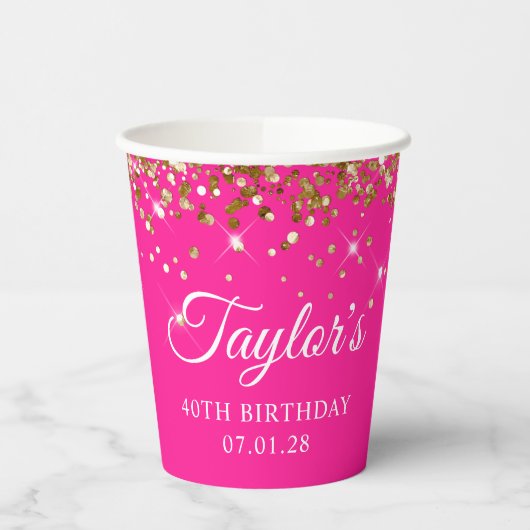金ゴールドグリッターホットピンク40th誕生日 紙コップ (左)