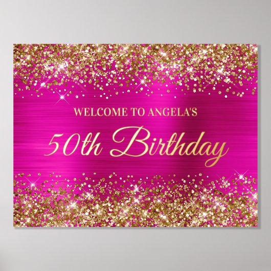 金ゴールドグリッターホットピンク50誕生日へようこそ 箔ポスター (正面)