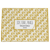 金ゴールドグリッターホリーベリーと文字喜び、愛、平和 ラージペーパーバッグ (正面)